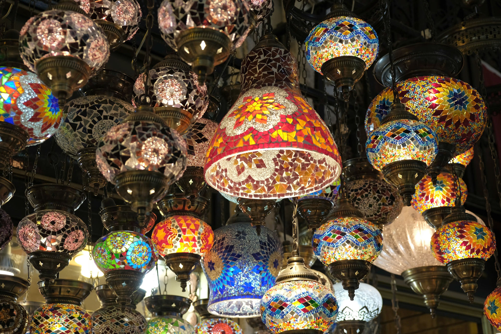 ISTANBUL, TURKEY - MAY 25 : Lights for sale in the Grand Bazaar in Istanbul Turkey on May 25, 2018