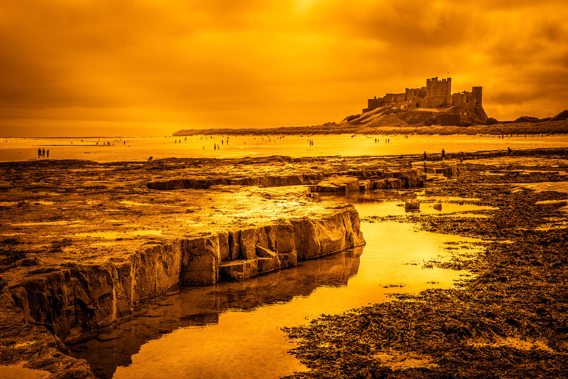 BAMBURGH, NORTHUMBERLAND/UK - AUGUST 15 : Shoreline view to Bamburgh Castle in Bamburgh Northumberland on August 15, 2010. Unidentified people.