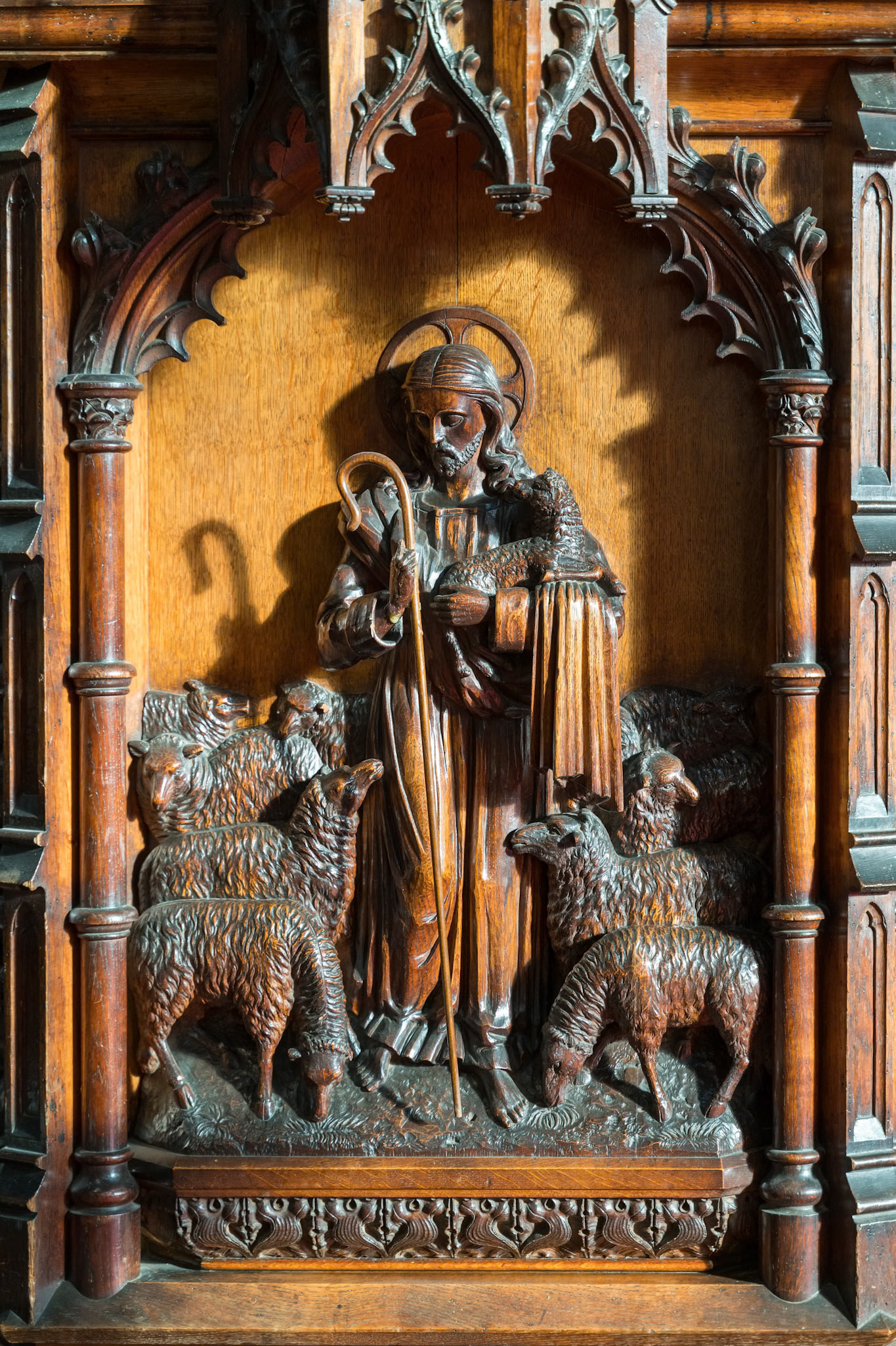 EAST GRINSTEAD, WEST SUSSEX/UK - NOVEMBER 29 : Wooden carving from the pulpit of St Swithun's Church in East Grinstead West Sussex on November 29, 2019