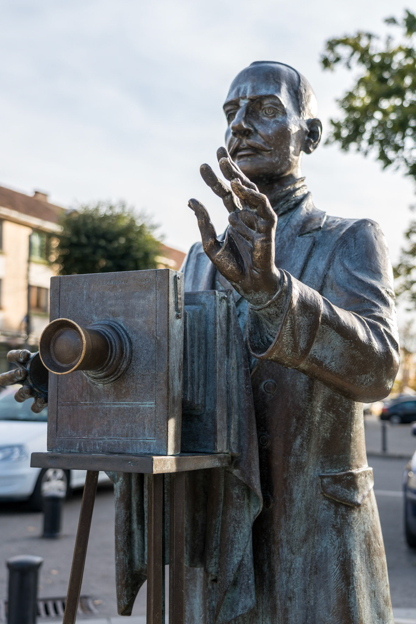 BISTRITA, TRANSYLVANIA/ROMANIA - SEPTEMBER 17 : Bronze statue of the photographer Alexandru Rosu in Bistrita Transylvania Romania on September 17, 2018