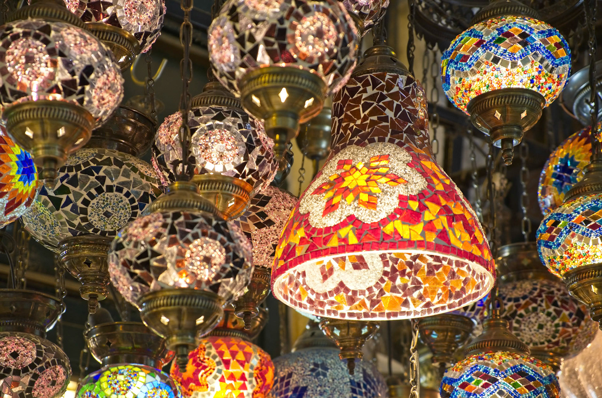ISTANBUL, TURKEY - MAY 25 : Lights for sale in the Grand Bazaar in Istanbul Turkey on May 25, 2018