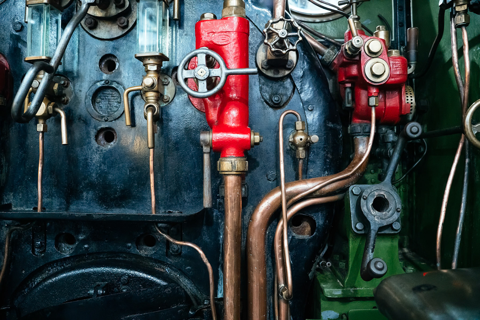 Machinery in the engine room of a steam train